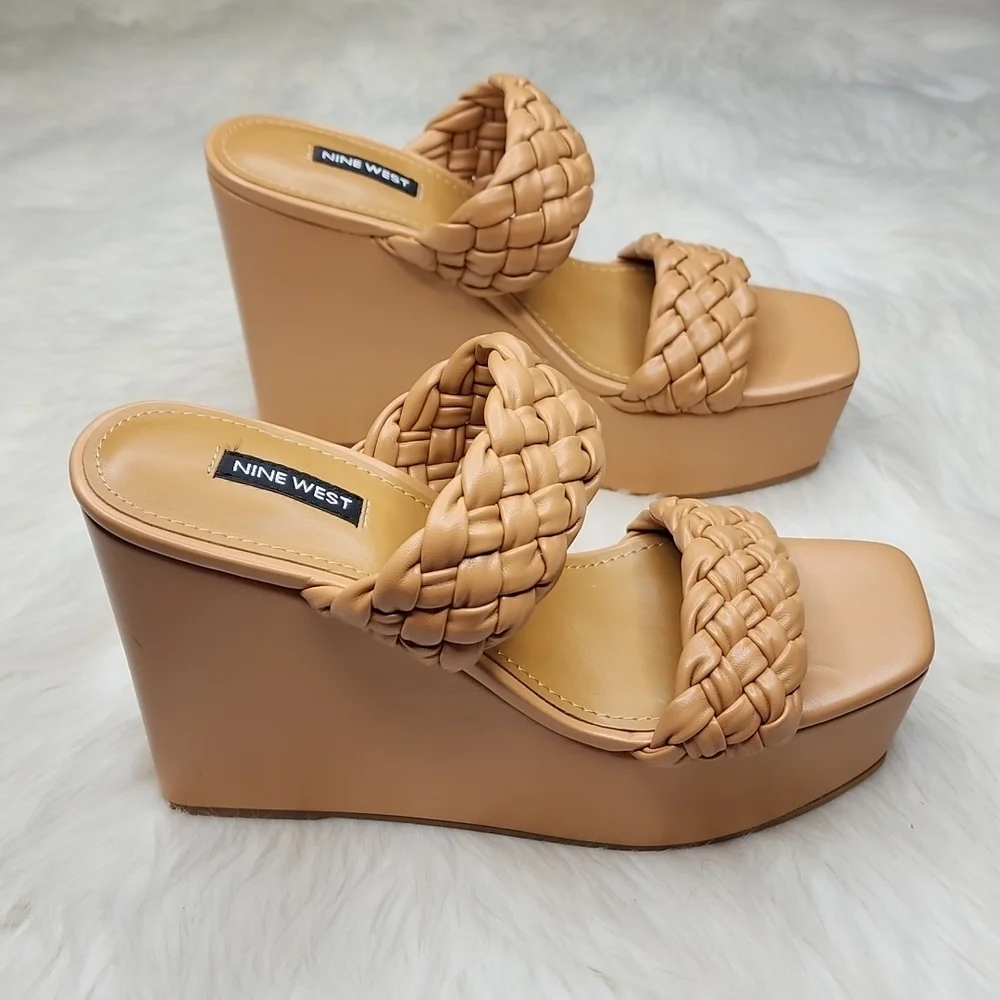 Nine West Nessie 3 Platform Wedge Heels Light Cognac
